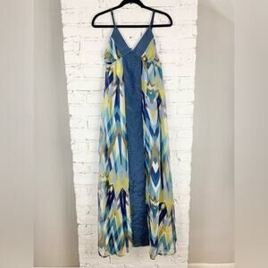 Isabel Lu Silk Printed Blue Chevron Maxi Dress Medium